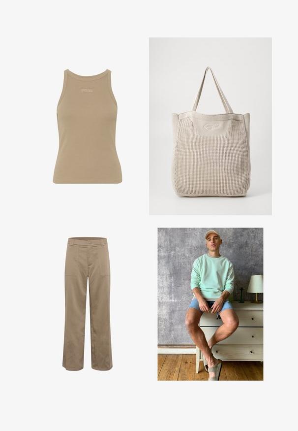 Bežinis banguotas be rankovių marškinėlis su apvaliu iškirpimu, be rankovių dizainu ir mažu įspaustu logotipu priekyje. Minkšta audinio tekstūra.; Kaki spalvoti plačiakelniai kelnių sėdėti tiesiai, pagaminti iš tekstūruoto audinio, su dviem priekinėmis kišenėmis ir mygtuko uždarymu liemeni.; Mėtų žaliai megztinis, džinsiniai šortai ir alyvuogių žalios spalvos šlepetės. Sėdi ant šviesaus komodos priešais tekstūruotą pilką sieną.; Smėlinė megzta pirkinių maišelis su tekstūruota paviršiumi, dviem tvirtais rankenomis ir subtiliu logotipo elementu priekyje. Stačiakampio formos, patogus naudoti.