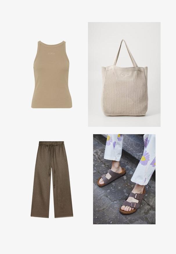 Maieu bej cu dungi, cu decolteu rotund, fără mâneci, și un mic logo embosat în centrul frontal. Textură de material moale.; Pantaloni largi de culoare verde măslinie, confecționați dintr-o țesătură moale, texturată. Au un brâu elastic cu șnur și buzunare laterale.; Sandale plate maro cu două curele late și catarame din metal; talpă din plută; talpă texturată; purtate cu pantaloni de culoare deschisă, cu imprimeu floral.; Geantă de tote tricotată bej, cu o suprafață texturată, două mânere rezistente și un detaliu subtil cu logo în față. Formă rectangulară pentru utilizare versatilă.