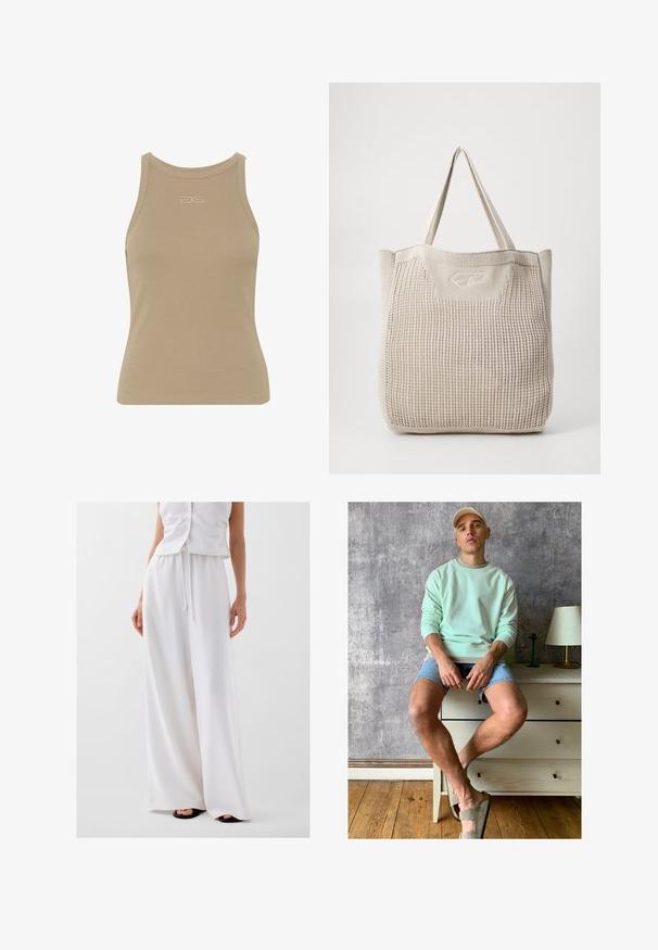 Vaalea ribattu hihaton t-paita, jossa on pyöreä kaula-aukko ja pieni kohokuvioitu logo keski-etuosassa. Pehmeä kangas.; Valkoiset leveälahkeiset housut, jotka on valmistettu kevyestä kankaasta. Niissä on nauhavyötärö ja sileä, virtaava rakenne. Ei kuvioita tai korostuksia.; Minttivihreä huppari, farkkushortsit ja oliivinvihreät liukuvaatteet. Istuu vaaleanvärisen lipaston päällä, joka on tekstuuritetun harmaan seinän nojalla.; Beige neulottu olkalaukku, jossa on teksturoitu pinta, kaksi vahvaa kahvaa ja hienovarainen logoyksityiskohta edessä. Suorakulmainen muoto monipuoliseen käyttöön.