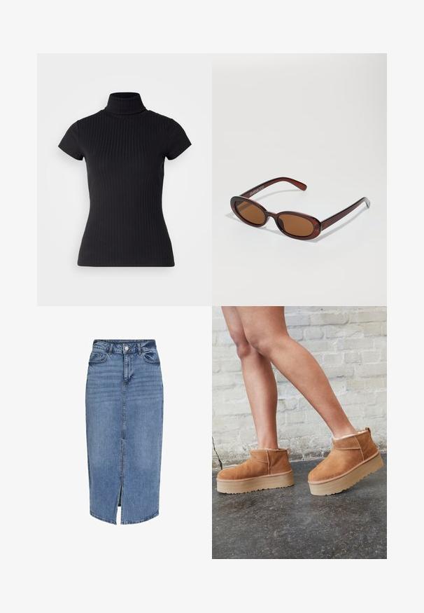 Črna kratkotrajna polo majica iz rebraste tkanine, ki je zasnovana z ožjim krojem in visokim ovratnikom. Preprosta in teksturirana vzorčna zasnova.; Denim midi krilo v svetlo modri barvi z odprtino spredaj, petimi žepi, zankami za pas in gumbom za zapiranje v pasu. Klasičen kroj in tekstura.; Rjavi semiš škornji do gležnjev s puhastim podlogo, debelim bež platformnim podplatom in zanko na zadnji strani. Teksturirana površina z vidnimi šivi.; Okrogle, rjavo obarvane sončne naočare z sijočim burgundskim okvirjem. Tanek nosilec s subtilnim logotipom. Oblika leč je ravna.