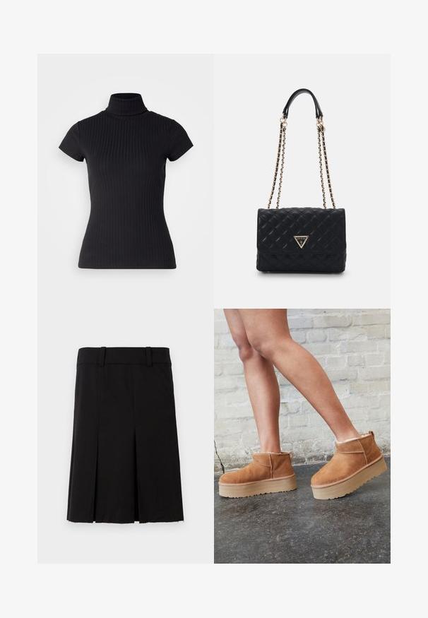 Zwarte, kortemouwige coltrui gemaakt van ribbelstof, met een slim fit en een hoog kraagontwerp. Eenvoudig en gestructureerd patroon.; Zwarte geplooide rok van stof met een gladde textuur. Heeft een strakke tailleband en een rechte snit met een lengte tot op de knie.; Bruine suède enkelboots met een zachte voering, dikke beige plateauzool en een achterste lus. Getextureerde oppervlakte met zichtbare stiksels.; Zwarte gestikte handtas met een gouden driehoeklogo, voorzien van een dubbele kettingriem en een gladde leren textuur. Rechthoekige vorm met klepsluiting.