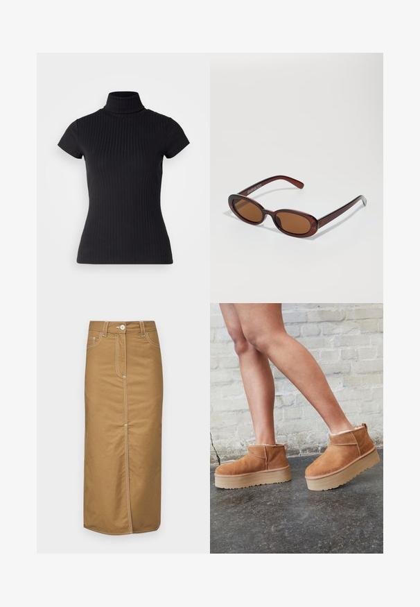 Tricou negru, cu mânecă scurtă și guler înalt, confecționat dintr-un material cu o textură răsucită, având o croială slim. Model simplu și texturat.; Fustă midi marron dintr-un material durabil, cu cusături albe, închidere cu buton frontal și două buzunare laterale. Design cu siluetă dreaptă.; Botine din suede maro, cu căptușeală moale, talpă platformă groasă de culoare bej și sistem de prindere în partea din spate. Suprafață texturată cu detalii de cusătură vizibile.; Ochelari de soare rotunzi, cu nuanțe de brown și cu un cadru lucios de burgund. Brațe subțiri cu detalii subtile de branding. Design cu lentile plate.
