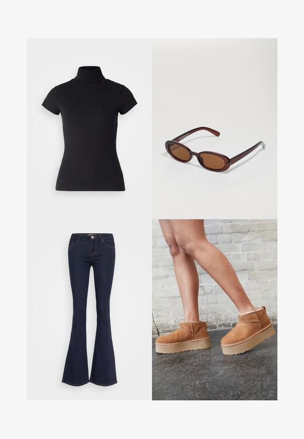 Melna, īsām piedurknēm turtlenecks džemperis, izgatavots no ribotas auduma, ar pieguļošu piegriezumu un augstu apkakles dizainu. Vienkāršs un teksturēts raksts.; Tumši džinsi ar platām kājām un pieguļošu jostu, ar priekšējo pogas aizdari, piecu kabatu dizainu un šuvju detaļām gar kājām.; Brūni zamšāda potītes zābaki ar mīkstu oderi, biezu bēša krāsas platformas zoli un aizmugurē esošu cilpu. Tekstūrēta virsma ar redzamām šuvēm.; Apaļas, brūnīgi nokrāsotas saulesbrilles ar spīdīgu bordo rāmīti. Šauri kāti ar diskrētu zīmola detaļu. Plakana objektīva dizains.