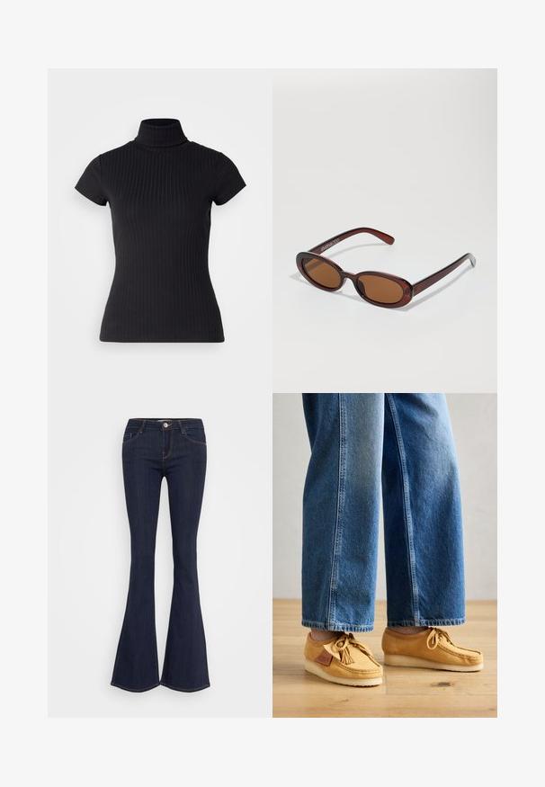 Maglietta nera a maniche corte con collo alto realizzata in tessuto a costine, caratterizzata da una vestibilità slim e un design con colletto alto. Motivo semplice e strutturato.; Jeans a campana in denim scuro con vita aderente, caratterizzati da una chiusura frontale con bottone, design a cinque tasche e dettagli di cucitura lungo le gambe.; Scarpe mocassino in suede color tan con frange, punta rotonda e suola in gomma crema, abbinate a jeans blu di denim cropped. Sfondo in legno.; Occhiali da sole rotondi con tonalità marrone, montatura lucida color bordeaux. Aste sottili con un sottile dettaglio del marchio. Design delle lenti piatte.