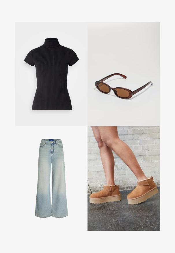 Juodas, trumpomis rankovėmis polos stilius marškinėliai, pagaminti iš tekstūruotos medžiagos, su siauru siluetu ir aukštu apykaklės dizainu. Paprastas ir tekstūruotas raštas.; Plačiai iškarpytos džinsai, pagaminti iš šviesiai mėlynos denimo, su aukštu liemeniu, penkių kišenių dizainu ir subtiliu audinio blukimu.; Rudos zomšiniai kulkšniniai batai su minkštu pamušalu, storu smėlio spalvos platforminiu padu ir gale esančia kilpa. Tekstūruotas paviršius su matomais siuvimo detalėmis.; APvalūs, rudos spalvos saulės akiniai su blizgia burgundinės spalvos rėmeliu. Plonos šakutės su subtiliu ženklinimu. Lygus objektyvo dizainas.