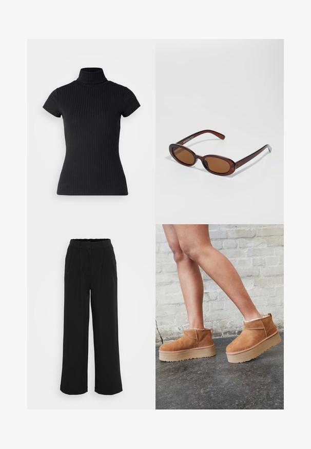 Svart, kortermet turtleneck topp laget av ribbet stoff, med en slim fit og høy krage-design. Enkel og teksturert mønster.; Sorte vide bukser laget av et glatt stoff, med plisserte detaljer foran, elastisk linning, og uten synlige lommer eller metallkomponenter.; Brune daim ankelstøvler med en bløt foring, tykk beige plattformsåle og en bakre trekkflik. Teksturert overflate med synlige stikningsdetaljer.; Runde, brune solbriller med en blank burgunderfarvet ramme. Slanke arme med subtile brandingdetaljer. Flad linse design.