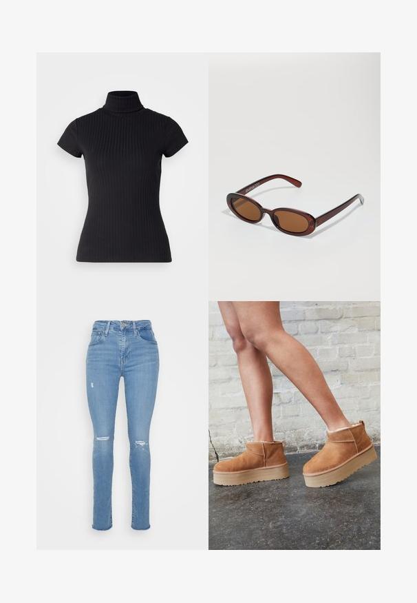 Top negro de manga corta y cuello alto, hecho de tela acanalada, con un ajuste ceñido y un diseño de cuello alto. Patrón sencillo y texturizado.; Vaqueros ajustados de mezclilla azul claro con cintura alta, que presentan detalles desgastados en las rodillas y un diseño clásico de cinco bolsillos.; Botas de tobillo de ante marrón con forro suave, suela de plataforma gruesa beige y una lengüeta trasera. Superficie texturizada con detalles de costura visibles.; Gafas de sol redondas con tinte marrón y un marco burdeos brillante. Patillas delgadas con un sutil detalle de marca. Diseño de lentes planos.