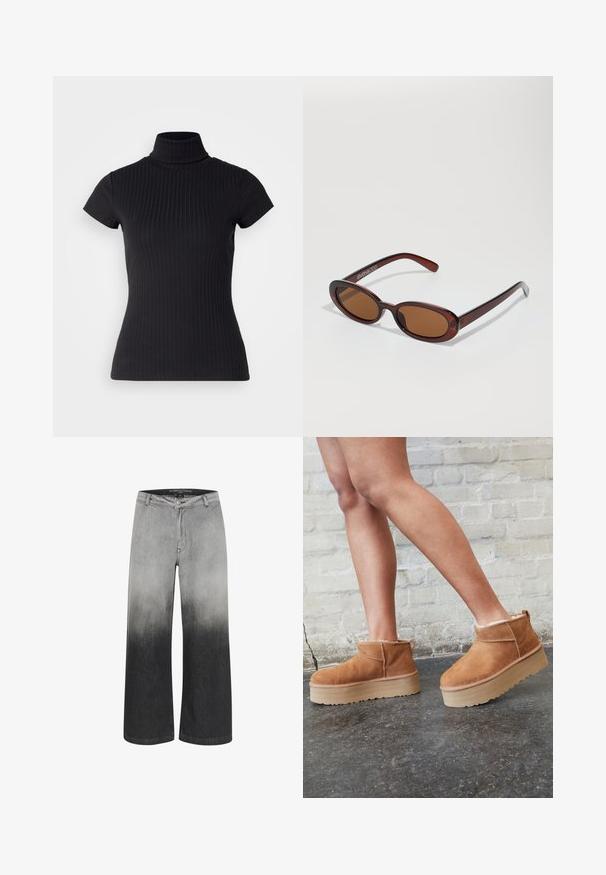 Melna, īsām piedurknēm turtlenecks džemperis, izgatavots no ribotas auduma, ar pieguļošu piegriezumu un augstu apkakles dizainu. Vienkāršs un teksturēts raksts.; Platums kāju džinsi pelēkajā gradientā, pārejot no gaiša uz tumšu. Izgatavoti no denima, ar pogu aizdari un tradicionālo 5 kabatu dizainu.; Brūni zamšāda potītes zābaki ar mīkstu oderi, biezu bēša krāsas platformas zoli un aizmugurē esošu cilpu. Tekstūrēta virsma ar redzamām šuvēm.; Apaļas, brūnīgi nokrāsotas saulesbrilles ar spīdīgu bordo rāmīti. Šauri kāti ar diskrētu zīmola detaļu. Plakana objektīva dizains.