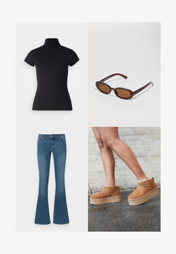 Černý krátký rukávový rolák vyrobený z žebrované látky, s těsným střihem a vysokým designem límce. Jednoduchý a strukturovaný vzor.; Rozšířené modré džíny z denimu, s vysokým pasem, předními kapsami a zipem. Hladká textura s jemným vyblednutím a kontrastními švy.; Hnědé semišové kotníkové boty s měkkou podšívkou, silnou béžovou platformou a zadním poutkem. Texturovaný povrch s viditelnými švy.; Kulaté sluneční brýle hnědé barvy s lesklým burgundským rámem. Úzké nožičky s jemným logem. Rovné čočky.
