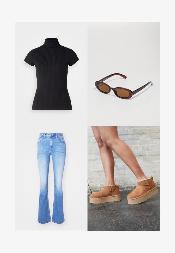 Top preto de gola alta, de mangas curtas, feito de tecido canelado, com um corte ajustado e um design de gola alta. Padrão simples e texturizado.; Calças de ganga justas de cor azul clara, com cintura alta, design tradicional de cinco bolsos e um gradiente de cor em direção à bainha.; Botas de cano baixo em camurça castanha com um forro felpudo, sola de plataforma espessa em bege e puxador na parte de trás. Superfície texturizada com detalhes de costura visíveis.; Óculos de sol redondos, com uma tonalidade castanha e uma armação glossy em bordeaux. Braços finos com um detalhe discreto de marca. Design de lentes planas.