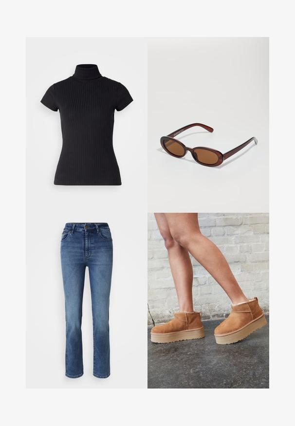 Črna kratkotrajna polo majica iz rebraste tkanine, ki je zasnovana z ožjim krojem in visokim ovratnikom. Preprosta in teksturirana vzorčna zasnova.; Svetlo modre kavbojke iz jeansa z ravnimi hlačnicami, petimi žepi in visokim pasom. Imajo pozlačeno kovinsko opremo in gladko teksturo.; Rjavi semiš škornji do gležnjev s puhastim podlogo, debelim bež platformnim podplatom in zanko na zadnji strani. Teksturirana površina z vidnimi šivi.; Okrogle, rjavo obarvane sončne naočare z sijočim burgundskim okvirjem. Tanek nosilec s subtilnim logotipom. Oblika leč je ravna.
