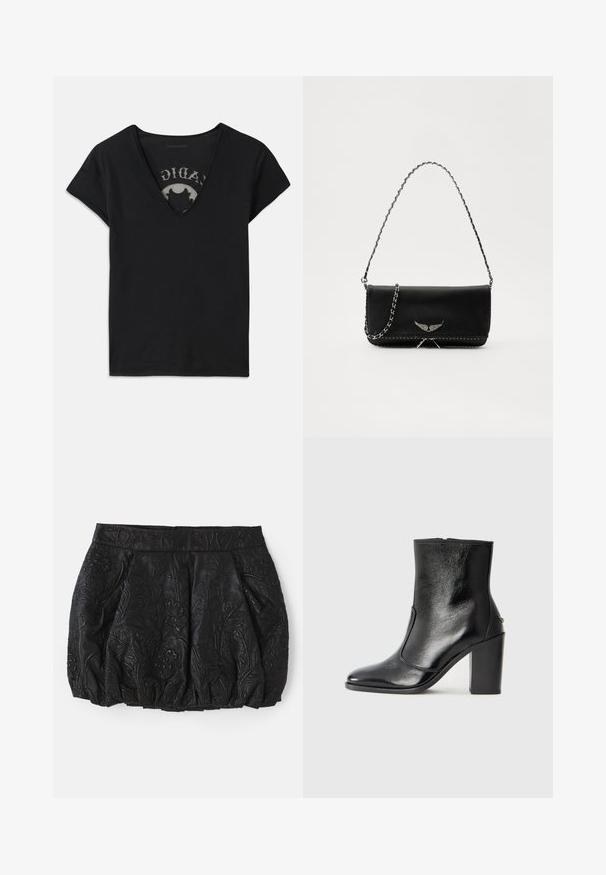 Zwarte t-shirt met korte mouwen en een diepe V-hals, met een mesh paneel en een gedrukt ontwerp op de binnenlaag. Zachte, ademende stof.; Zwarte leren rok met reliëf bloemmotief, geplooide details en een gladde tailleband. Voorzien van een verborgen rits aan de achterkant.; Zwarte leren enkelboot met een gladde textuur, spitse neus en een gedurfde hoge hak. Beschikt over een zijopening en een minimalistisch ontwerp.; Zwarte leren handtas met een zilveren kettingband, voorzien van decoratieve vleugelaccenten en witte stiksels langs de onderste naad.