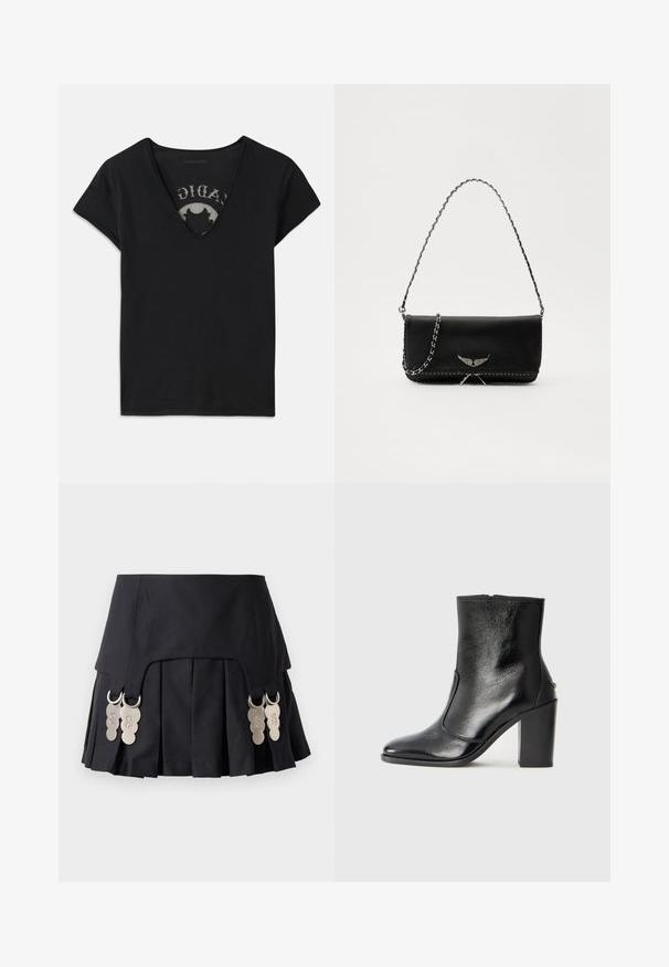 Zwarte t-shirt met korte mouwen en een diepe V-hals, met een mesh paneel en een gedrukt ontwerp op de binnenlaag. Zachte, ademende stof.; Zwarte geplooide rok met metalen hardware accenten aan de zijkanten, gemaakt van een gestructureerde stof met een gladde textuur en een strak ontwerp.; Zwarte leren enkelboot met een gladde textuur, spitse neus en een gedurfde hoge hak. Beschikt over een zijopening en een minimalistisch ontwerp.; Zwarte leren handtas met een zilveren kettingband, voorzien van decoratieve vleugelaccenten en witte stiksels langs de onderste naad.