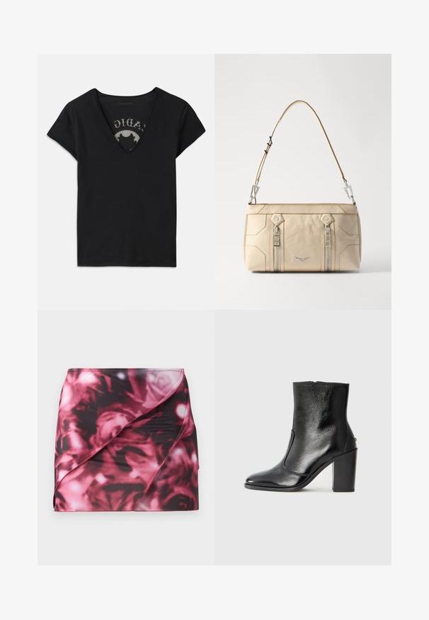 Lyhythihainen musta t-paita, jossa on syvä V-pääntie, verkkopaneeli ja painettu kuvio sisäkerroksessa. Pehmeä ja hengittävä kangas.; Lyhyt, tiukka helma mustassa ja vaaleanpunaisessa kukkakuosissa. Valmistettu sileästä, joustavasta materiaalista, jossa on viisto kääntödesign ja ommeltu helma.; Mustat nahka ankle bootit, joissa on sileä pinta, terävä kärki ja paksu korkea korko. Sivusaumassa on avaus ja muuten yksinkertainen muotoilu.; Beige nahkalaukku, jossa on hopeiset yksityiskohdat, kaksi sivuvetoketjua, rakenteellinen muotoilu ja irrotettava hihna monipuolisuutta varten.