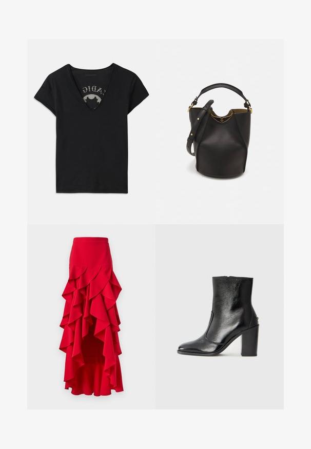 Juodas trumpas rankovėmis marškinėliai su giliu V formos iškirpimu, turintys tinklinę detalę ir spausdintą dizainą ant vidinio sluoksnio. Minkšta, kvėpuojanti medžiaga.; Raudona raukšlėta sijonas su aukštu ir žemu apvadu. Pavyzdžiai sluoksniuotų raukšlių aplink liemenį ir šonus, pagamintas iš lygaus audinio. Elastinga juosmens juosta.; Juodas odinis kulkšninis batas su lygiu paviršiumi, smailiu pirštu ir masyviu aukštu kulnu. Savybė - šoninis atidarymas ir minimalistiškas dizainas.; Juodas odinis kibiro tipo krepšys su tekstūruotu paviršiumi, auksiniais detalėmis ir atvira viršūne. Yra trumpa rankena ir reguliuojama petneša.