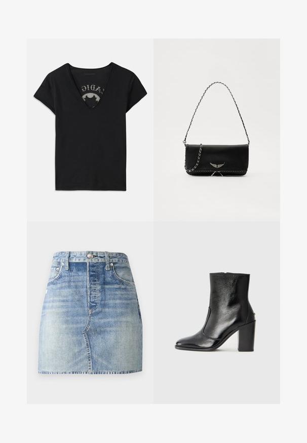 Juodas trumpas rankovėmis marškinėliai su giliu V formos iškirpimu, turintys tinklinę detalę ir spausdintą dizainą ant vidinio sluoksnio. Minkšta, kvėpuojanti medžiaga.; Šviesiai mėlyna džinsinė mini sijonas su aukštu liemeniu, apdailinta kraštu, priekinėmis kišenėmis ir metaliniu mygtuko užsegimu. Išblukusios skalbimo detalės suteikia tekstūros.; Juodas odinis kulkšninis batas su lygiu paviršiumi, smailiu pirštu ir masyviu aukštu kulnu. Savybė - šoninis atidarymas ir minimalistiškas dizainas.; Juodas odinis delninukas su sidabro spalvos grandinele, papuoštas dekoratyviniais sparnų akcentais ir balta siūle apačioje.