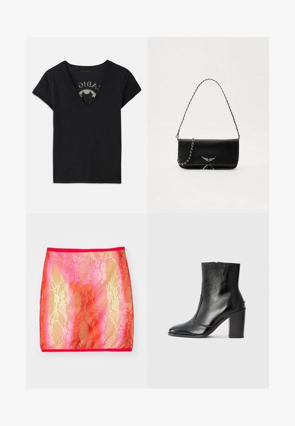 Camisa de tirantes corta negra con un escote en V profundo, que presenta un panel de malla y un diseño impreso en la capa interior. Tela suave y transpirable.; Falda mini de encaje transparente con un degradado de rosas y rojos, con un patrón floral, acabada con una cinturilla roja sólida.; Botín negro de cuero con textura suave, puntera puntiaguda y un tacón alto y robusto. Presenta una apertura lateral y un diseño minimalista.; Bolso de mano de cuero negro con una correa de cadena plateada, que presenta acentos decorativos en forma de alas y costuras blancas a lo largo de la costura inferior.
