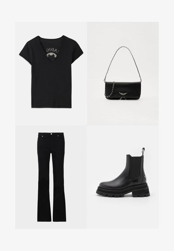 Černé tričko s krátkým rukávem a hlubokým výstřihem do V, s jemnou síťovinou a potištěným designem na vnitřní straně. Měkká, prodyšná látka.; Černé zvonové džíny vyrobené z denimu, s dvěma předními kapsami, zapínáním na knoflík a hladkou strukturou. Na švech je viditelné charakteristické prošívání.; Černé kožené Chelsea boty s elastickými bočními panely, kulatou špičkou, robustní gumovou podešví a poutkem na patě. Texturované a hladké povrchy.; Černá kožená kabelka se stříbrným řetízkovým popruhem, zdobená dekorativními křídly a bílým prošíváním podél spodního švu.