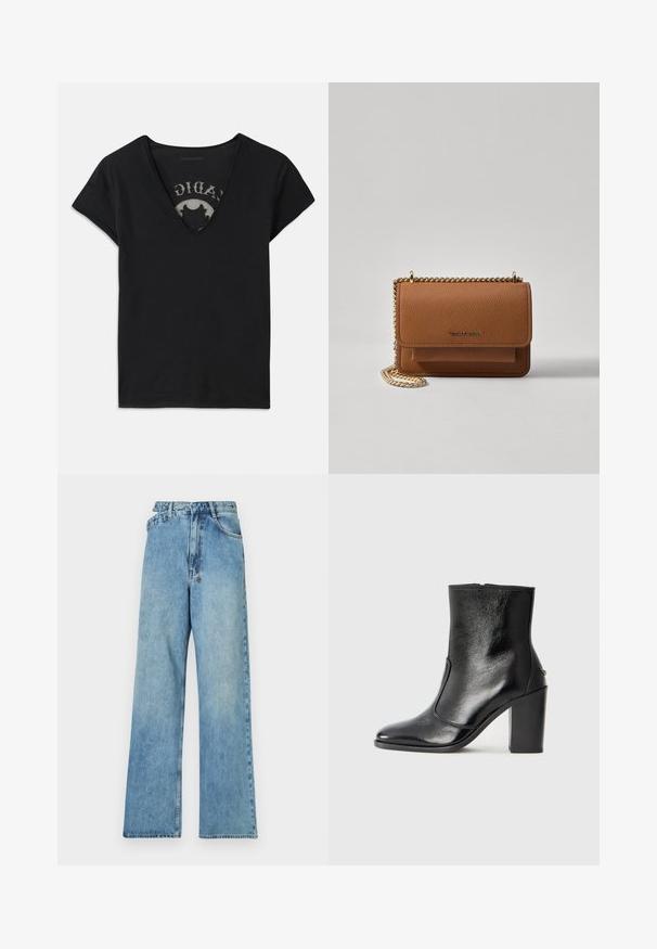 Lyhythihainen musta t-paita, jossa on syvä V-pääntie, verkkopaneeli ja painettu kuvio sisäkerroksessa. Pehmeä ja hengittävä kangas.; Vaaleansinisiä leveälahkeisia farkkuja, joissa on keskipitkä vyötärö, viisi taskua ja napituskohdistus, jossa on metalliosia ja haalistunut pinta.; Mustat nahka ankle bootit, joissa on sileä pinta, terävä kärki ja paksu korkea korko. Sivusaumassa on avaus ja muuten yksinkertainen muotoilu.; Ruskean teksturoidun nahkasta valmistettu crossbody-laukku, jossa on kultaketjuhihna ja läppäkiinnitys. Edessä on logodetail ja tasku läppäisen alla.
