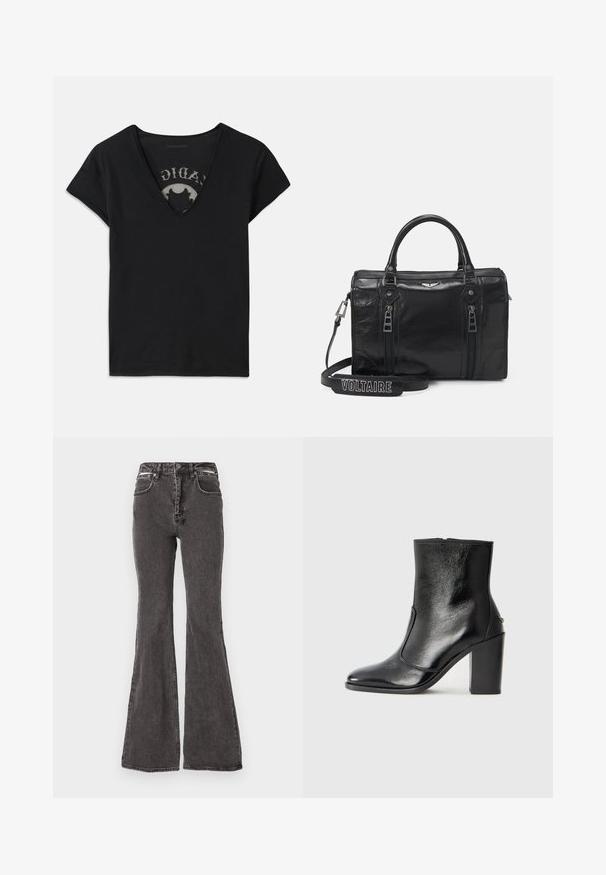 Melnas īsām piedurknēm T-krekls ar dziļo V-veida kakla izgriezumu, ar sēklu paneļa un drukātu dizainu uz iekšējās kārtas. Mīksta, elpojoša auduma.; Melni plati džinsi, izgatavoti no džinsa ar nolietotu tekstūru, ar priekšējām kabatām, jostu cilpām un metāla aksesuāriem jostasvietā.; Melnas ādas potīšu zābaki ar gludu tekstūru, smailu purngalu un masīlu augstu papēdi. Iekļauts sānu atvērums un minimālistisks dizains.; Melnas ādas rokassomi ar divām rāvējslēdzēm, strukturētu dizainu un augšējām rokturiem. Iekļauta noņemama siksna ar tekstu "VOLTAIRE".
