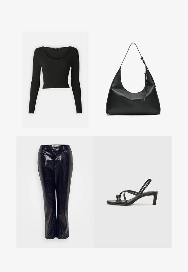 Crna dugorukava cropped majica od rebraste tkanine s dubokim V-izrezom. Ima uske rukave i glatku teksturu.; Crne hlače od umjetne kože s krokodil teksturom, s ravnim nogavicama i prednjim gumbom za zatvaranje.; Crne sandale s trakama, kvadratnim prstom i niskom blok petom. Ima više tankih trakica i podesivu trakicu oko gležnja. Izrađene su od glatke kože.; Crna kožna torba za rame s lukovitim oblikom, glatkom teksturom i dugim podesivim remenom. Sadrži suptilan detalj čvora i minimalistički dizajn.