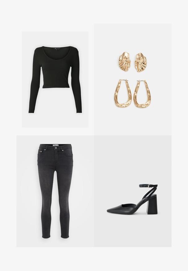 Musthave musta pikkade varrukatega crop top, mis on valmistatud soonikkangast ja millel on sügav V-kujuline kaelus. Omab vormitud varrukaid ja siledat tekstuuri.; Mustad mustad teksad. Ees on nööp sulgemine ja sirge tasku vööl. Sile tekstuur minimaalsete plekkidega.; Mustmustest must-käigukingad, millel on konksuga nöör ja paks konts. Ühtlane tekstuur, stiilne disain ja minimalistlik esteetika.; Kuldse värvi kõrvarõngad, mis on kaunistatud tekstuursete ja laineliste kujunditega. Komplektis on skulpturaalsed klamber kõrvarõngad ja avatud rõngasdisain, millel on lõhestatud viimistlus.