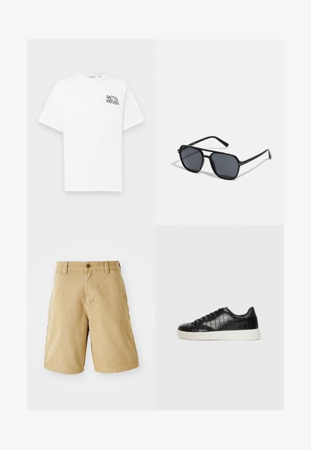 Valge lühikeste varrukatega puuvillane t-särk, millel on vasakul rinnal must graafika, mis ütleb "HAPPY HOLIDAYS".; Beežid puuvillased cargo-lühikesed püksid esiküljel ja külgedel taskutega, vöölõngad ja metallnupuga sulgemine. Sirge lõike ja põlvepikkune disain.; Mustad mustad mustad kroko-reljeefiga nahast ülemine osa, ümar varvas ja kontrastne valge kummitald, millel on sile viimistlus.; Mustad mustad prillid oktaalpäistega, tumedad läätsed, läikiv viimistlus, õhukesed templid ja kuldsed aktsendid ees.