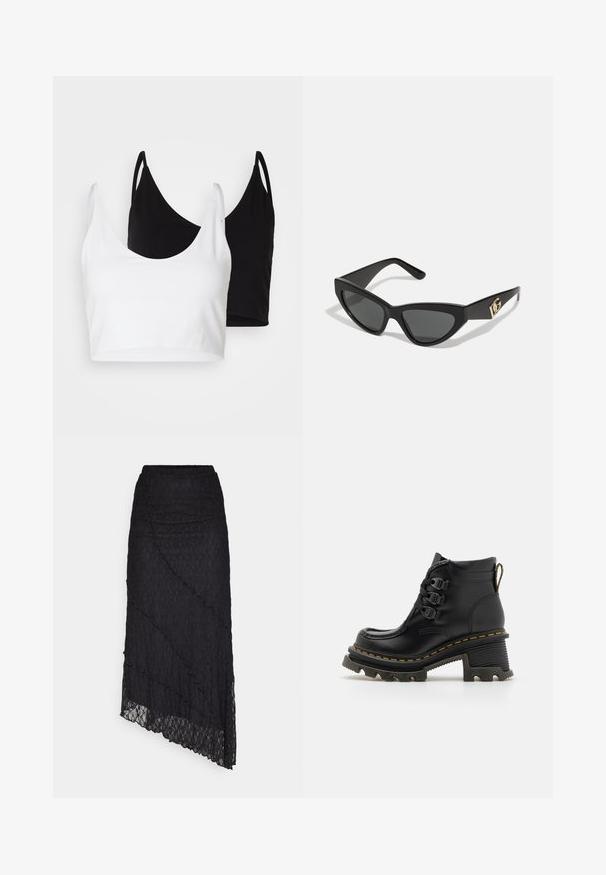 To bomulls t-skjorter i hvit og svart. Hver har en dyp utringning og tynne skulderstropper, med en glatt og myk tekstur.; Svart blonde topp med avtagbar skulderlinje, lange klokkeermer og bølgete kanter. Teksturert blomstermønster gjennom hele.; ONLY ONLKIM LACE SKIRT - Maxiskjørt - black; Dr. Martens CORRAN BOOT - Ankelboots - black; Kattøye solbriller med ramme i matt svart plast, mørke linser og en gull logoaccent på stangen. Vinklet design og jevn tekstur.