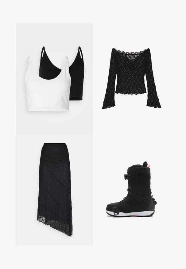 Dos tops de algodón en blanco y negro. Cada uno tiene un escote profundo y tirantes delgados, con una textura suave y lisa.; Top de encaje negro con escote off-the-shoulder, mangas largas de campana y bordes ondulados. Patrón floral texturizado en toda la prenda.; ONLY ONLKIM LACE SKIRT - Falda larga - black; DC Shoes PHASE PRO STEP ON - BOA - Botas de snowboard - kho black hot coral