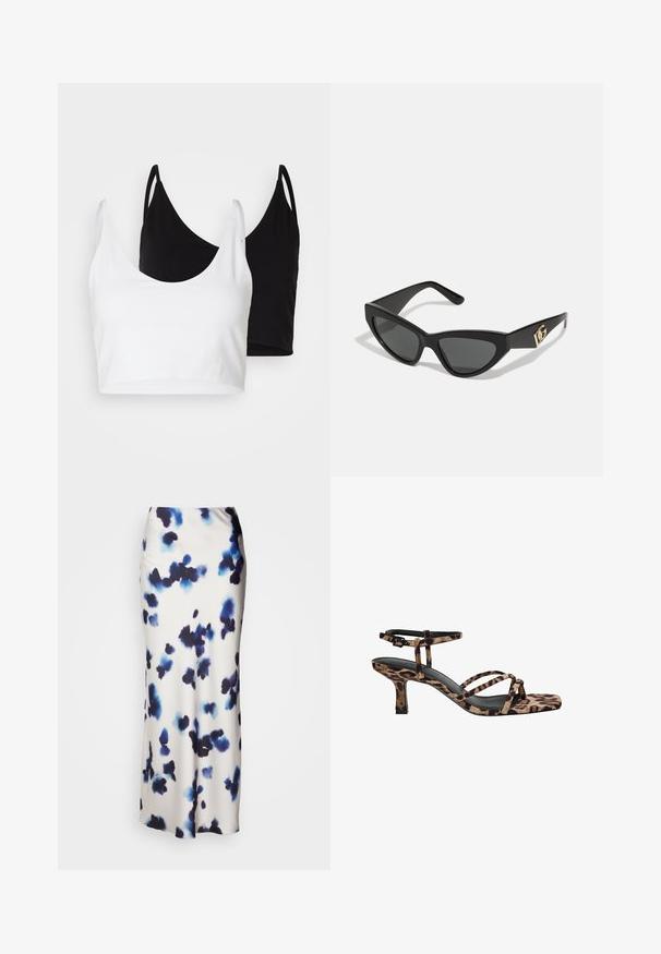 Deux tops courts en coton, l'un blanc et l'autre noir. Chacun a un décolleté plongeant et des fines bretelles, offrant une texture lisse et douce.; Haut en dentelle noire avec un col bardot, des manches longues évasées et des bords festonnés. Motif floral texturé sur l'ensemble.; Lindex Jupe longue - light beige; Sandales à talons imprimées léopard avec un bout carré, plusieurs brides et un talon de hauteur intermédiaire. Fabriquées en matériau textile doux.; Lunettes de soleil en œil de chat avec une monture en plastique noir mat, des verres foncés et un accent en or avec le logo sur la branche. Design angulaire et texture lisse.