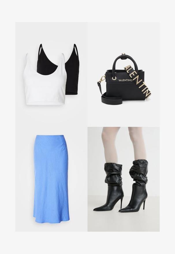 Două topuri din bumbac, unul alb și unul negru. Fiecare are un decolteu adânc și bretele subțiri, având o textură netedă și moale.; Top din dantelă neagră cu decolteu off-the-shoulder, mâneci lungi tip clopot și margini ondulate. Model floral texturat pe întreaga suprafață.; Fustă lungă, de culoare albastru deschis, cu o textură netedă, tiv evazat și un design simplu. Prezintă un brâu ajustat și detalii subtile cu cusături.; Botine din piele neagră, cu un design slouchy, vârf ascuțit și toc înalt de tip stiletto, având un finisaj moale și texturat în jurul manșetei.; Geantă din piele texturată neagră cu accesorii aurii, mânere duble și curea de umăr detașabilă, având gravat numele brandului.