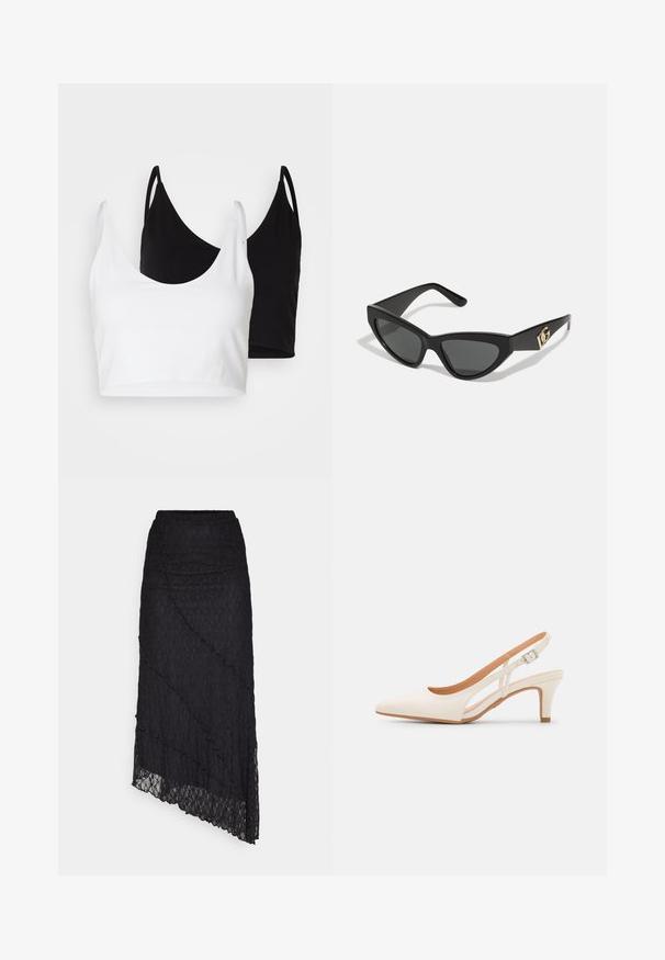 Two cotton crop tops in white and black. Each has a deep neckline and thin shoulder straps, featuring a smooth, soft texture.; Black lace top with off-the-shoulder neckline, long bell sleeves, and scalloped edges. Textured floral pattern throughout.; ONLY ONLKIM LACE SKIRT - Maxi skirt - black; White slingback heel with a pointed toe, smooth upper material, low block heel, and side cut-out design with adjustable buckle strap.; Cat-eye sunglasses with a matte black plastic frame, dark lenses, and a gold logo accent on the temple. Angular design and smooth texture.; Michael Kors wristlet in beige coated canvas featuring a repeating MK logo pattern, gold hardware, and a detachable chain strap.
