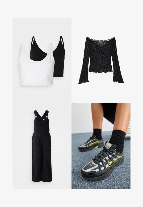 Dois tops de algodão em branco e preto. Cada um tem um decote profundo e alças finas, apresentando uma textura suave e macia.; Top de renda preta com decote à mostra dos ombros, mangas longas em forma de sino e bordas assimétricas. Padrão floral texturizado por toda a peça.; Mala de ganga preta com pernas largas, alças ajustáveis, bolso frontal e detalhes em hardware prateado. Textura suave, design minimalista.; Sapatos de desporto pretos e cinzas com detalhes em prata refletora, painéis de malha texturizada e pormenores amarelos vivos. Design com atacadores e sola estruturada.