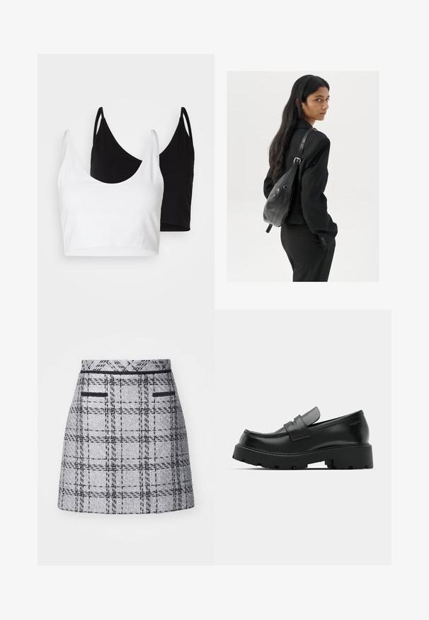 Two cotton crop tops in white and black. Each has a deep neckline and thin shoulder straps, featuring a smooth, soft texture.; Gray plaid skirt featuring a textured fabric, slim fit, and black trim. Includes two front pockets with black detailing.; Black leather loafers with a chunky textured sole, featuring a strap over the vamp and smooth, polished finish.; Woman with long dark hair wearing a black suit, carrying a black leather shoulder bag, looking over her shoulder against a white background.