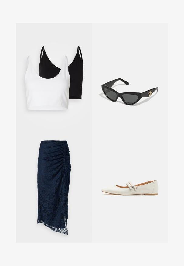 Du dujų medvilnės marškinėliai balti ir juodi. Kiekvienas turi giliai iškirptą iškirptę ir plonas petnešas, pasižyminčius lygiu, švelniu tekstūru.; Tamsiai mėlyna nėriniuota midi sijonas su susiraukšlėjimu, asimetrine apatine dalimi ir gėlių raštais, turintis permatomą tekstūrą apačioje.; Balti laki odiniai butai su smailiu pirštu, dviem dekoratyvinėmis dirželiais su sidabro sagtimis ir subtiliu rudos spalvos padu.; Katės akies saulės akiniai su matinio juodo plastiko rėmeliu, tamsiais lęšiais ir auksiniu logotipo akcentu ant šventyklos. Kampuota forma ir glotni tekstūra.