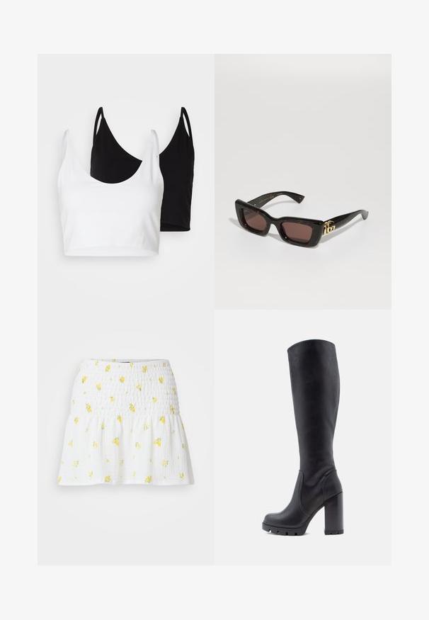 Két pamut crop top fehér és fekete színben. Mindkettő mély nyakkivágással és vékony vállpántokkal rendelkezik, sima, puha textúrával.; Fehér szoknya, smockolt textúrával és sárga virágmintával. Az alja bővített, laza sziluettet teremt.; Fekete, térdig érő csizma, sima bőrből készült, vastag sarkú, kerek orrú, tapadóval ellátott, textúrált talppal, letisztult dizájn, díszítések nélkül.; Fekete teknőctoll mintás napszemüveg téglalap alakú lencsékkel, barna színű árnyékolással, vastag kerettel és arany kettős G logó díszítéssel a szárakon.; Fekete szövet táska egyetlen, széles vállpánttal. Puha, félstruktúrált forma és sima textúra; minimális dizájn, látható fémalkatrészek nélkül.; Arany tónusú karika fülbevalók teknősbékalábas mintázatú gyantaszegéllyel, sima felülettel és elegáns, kör alakú formával.