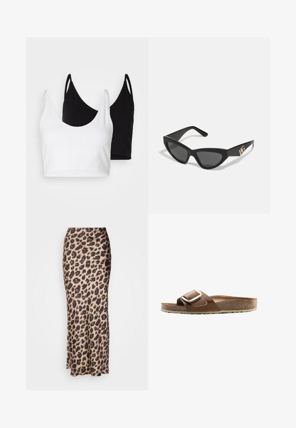 Două topuri din bumbac, unul alb și unul negru. Fiecare are un decolteu adânc și bretele subțiri, având o textură netedă și moale.; Fustă midi cu imprimeu de leopard dintr-un material satinat neted. Prezintă o siluetă ajustată cu o ușoară fanta la tiv pentru mobilitate. Nuante neutre de bej și maro.; Sandal din piele maro, cu un voal lat, un accent cu cataramă metalică și o talpă din plută conturată, pe un pantof cu talpă din cauciuc texturat.; Ochelari de soare tip cat-eye cu un cadru din plastic mat de culoare neagră, lentile întunecate și un accent de logo aurit pe tâmple. Design unghiular și textură netedă.