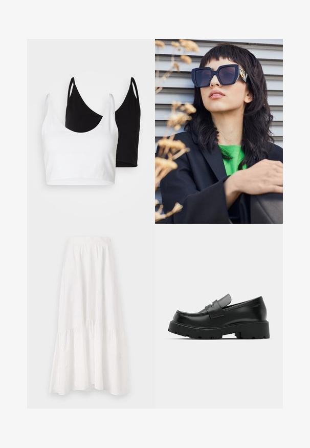 Kaks puuvillast crop topi, valge ja must. Igal on sügav kaelus ja õhukesed õlapaelad, ning need on valmistatud siledast, pehmest materjalist.; Valge midi seelik, mis on valmistatud kergest riidest, omab kihilisi jaotusi peente lillede tikanditega ning voltitud vöökohaga.; Mustad nahast loafers, millel on tükiline tekstureeritud tald, vampi kohal rihm ja sile, läikiv viimistlus.; Üks suurte mustade päikeseprillide paar, millel on paks raam ja kuldne aktsent, kantud koos musta bleiseri ja erksroheline särgiga, horisontaalse tausta ees.