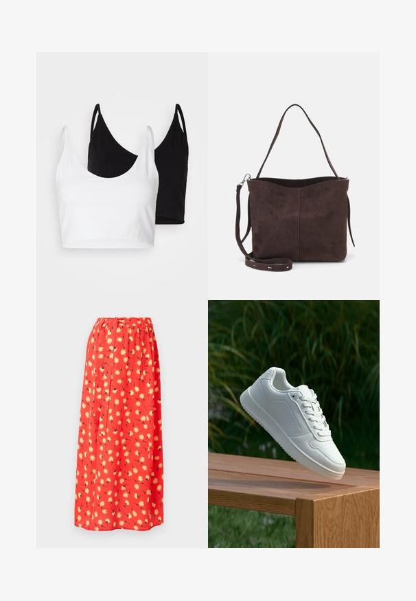 Zwei Baumwoll-Crop-Tops in Weiß und Schwarz. Jedes hat einen tiefen Ausschnitt und dünne Träger und verfügt über eine glatte, weiche Textur.; Roter Maxirock aus leichtem Stoff, mit einem floralen Muster von gelben Gänseblümchen und schwarzen Details. Elastischer Taillenbund für zusätzlichen Komfort.; Weiße Sneaker mit einem glatten, synthetischen Obermaterial, perforierter Zehenbox, flachen Schnürsenkeln und einer strukturierten Sohle, präsentiert auf einer Holzoberfläche.; Braune Wildleder-Tasche mit weicher Textur, ausgestattet mit einem einzelnen Schulterriemen und einer dezenten, gewölbten Öffnung an der Oberseite. Keine sichtbaren Beschläge.