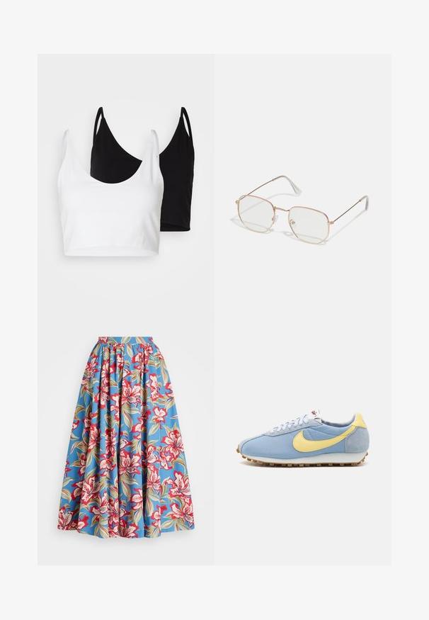 Två bomullstopp i vitt och svart. Varje topp har en djup krage och tunna axelband, med en slät och mjuk textur.; Blommig A-linje kjol i blått tyg, med röda och krämfärgade blommor samt gröna blad, detaljerade veck och ett brett midjeband.; Blå nät- och mockasneaker med gul Nike-swoosh, vita snören och ljusbrun sula; klassisk sportdesign.; Rektangulära glasögon med en tunn ram i roséguld. Klara linser, transparenta glasögonarmar och fint detaljer kring linserna.