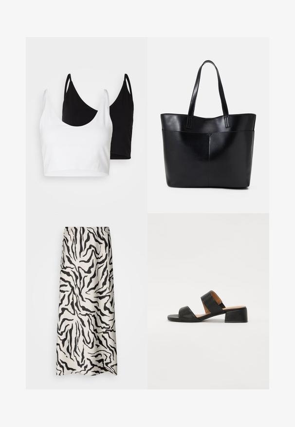 Două topuri din bumbac, unul alb și unul negru. Fiecare are un decolteu adânc și bretele subțiri, având o textură netedă și moale.; Fustă maxi dintr-o țesătură crem cu un model de dungi negre în stil tigru. Textură netedă, cu un brâu elastic, căzând până la lungimea completă.; Sandala din piele neagră cu două curele late peste picior, vârf pătrat și toc mic. Textură netedă și design minimal.; Geantă oversized din piele neagră, cu două mânere lungi, de textură netedă și formă structurată. Are un buzunar frontal pentru stocare suplimentară.