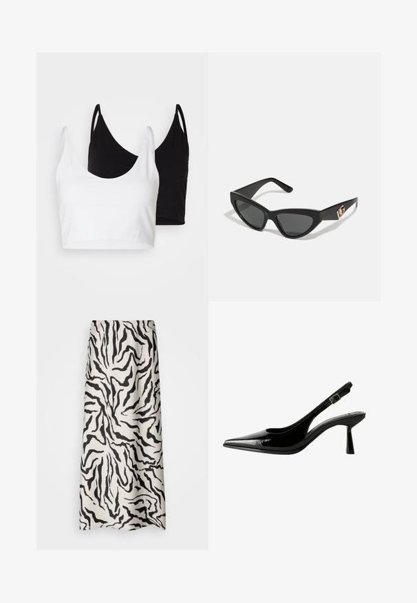 Dva bombažna crop topa v beli in črni barvi. Vsak ima globok izrez in tanke naramnice, ter se ponaša z gladko, mehko teksturo.; Maksi krilo iz kremaste tkanine z črnim tigrovim vzorcem. Gladka tekstura z elastičnim pasom, dolžina do tal.; Črne lakirane slingback čevlje s koničastim nosom, izrezanimi stranicami, nastavljivim gležnjarjem in tankim, elegantnim peto.; Sončne naočale v mačjem stilu z mat črnim plastičnim okvirjem, temnimi lečami in zlatim logotipom na tempeljih. Kotačast dizajn in gladka tekstura.; Michael Kors denarnica v bež lakiranem platnu z mišičnim vzorcem ponavljajočega se logotipa MK, z zlatim okovjem in snemljivo verižico.
