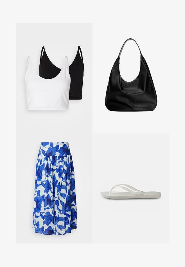 Kaksi puuvillapaitaa valkoisena ja mustana. Kummassakin on syvä kaula-aukko ja ohuet olkaimet, ja ne ovat sileitä sekä pehmeitä.; Välsittande kjol i lätt tyg med blå blommönster på en vit bakgrund, med hög midja och draperad detalj.; Valkoinen flip-flop, jossa on kuvioitu pohja, ohut hihnasto ja tasainen muotoilu. Valmistettu kumista ja siinä on hillitty logo jalkapohjassa.; Musta nahkainen hobo-laukku, jossa on löysä muotoilu, leveä olkahihna ja sileä pinta. Sisältää yhden vetoketjukiinnityksen sivussa.