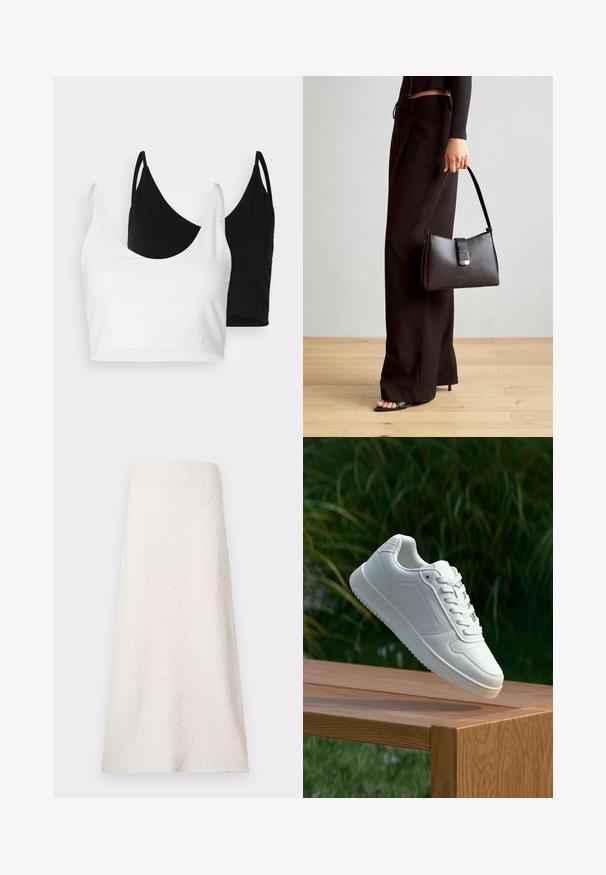 Du dujų medvilnės marškinėliai balti ir juodi. Kiekvienas turi giliai iškirptą iškirptę ir plonas petnešas, pasižyminčius lygiu, švelniu tekstūru.; Keliu ilgio kreminės spalvos rankšluosčių sijonas, pagamintas iš tekstūruotos medžiagos, su ryškiai matoma juosmens juosta ir laisvu, plaukiojančiu dizainu.; Balti sneakeriai su lygia sintetine viršutine dalimi, perforuota pirštų zona, plokščiomis raištelėmis ir tekstūruotu padu, padėti ant medinės paviršiaus.; Juodas rankinė struktūrizuota forma, lygi tekstūra ir metalinis užsegimas. Suporuota su plačiomis juodomis kelnėmis ir atvirais bateliais ant medinių grindų.