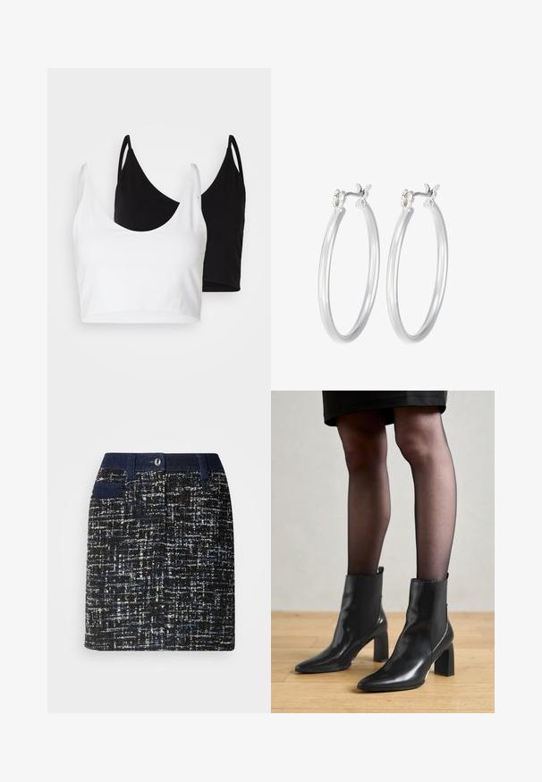 Divi kokvilnas topi baltā un melnā krāsā. Katram ir dziļa kakla izgriezuma forma un plānas plecu siksnas, ar gludu, mīkstu tekstūru.; Audas svārki melnā krāsā ar ziliem un baltajiem punktiņiem. Iezīmē tumša josta, priekšējās kabatas un taisna piegriezuma. Struktūrēta auduma.; Melni ādas potīšu zābaki ar izdilušu purngala formu, masīvu kvadrātveida papēdi un elegantu dizainu. Iekļautas elastīgas sānu paneļi, kas nodrošina ērtu uzvilkšanu.; Sudraba riņķveida auss gredzeni ar gludu, pulētu apdari. Apaļa forma un drošs klikšķa augšējais slēgums. Viegls dizains, kas piemērots ikdienas valkāšanai.