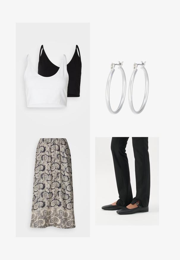 Due top in cotone, uno bianco e uno nero. Ognuno ha un profondo scollo e spalline sottili, con una texture liscia e morbida.; Gonna fluida con vita elastica, caratterizzata da una base blu navy e intricati motivi paisley beige con accentuazioni floreali. Tessuto morbido con una superficie liscia.; Ballerine in pelle nera con punta appuntita, cinturino con fibbia in argento, abbinate a pantaloni neri su misura con orlo a spacco.; Orecchini a cerchio in argento con una finitura liscia e lucida. Forma rotonda e chiusura a scatto sicura. Design leggero adatto per l'uso quotidiano.
