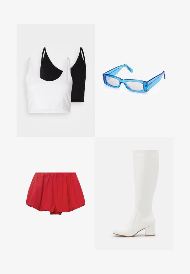 Kaksi puuvillapaitaa valkoisena ja mustana. Kummassakin on syvä kaula-aukko ja ohuet olkaimet, ja ne ovat sileitä sekä pehmeitä.; Punat kevyet shortsit, joissa on joustava vyötärö. Muotoilu on löysä ja levenevä, ja kankaassa on ryppymäinen rakenne, joka takaa rentouttavan istuvuuden.; Valkoiset nilkkapituiset saappaat, joissa on sileä ja kiiltävä pinta. Neliömäinen tukevampi korko ja huomaamaton ommelkohta sivussa.; Siniset läpinäkyvät suorakulmaiset aurinkolasit, joissa on paksu kehys, hieman kaarevat sankarat ja vaaleansävyiset linssit. Varustettu hienovaraisella brändityksellä.