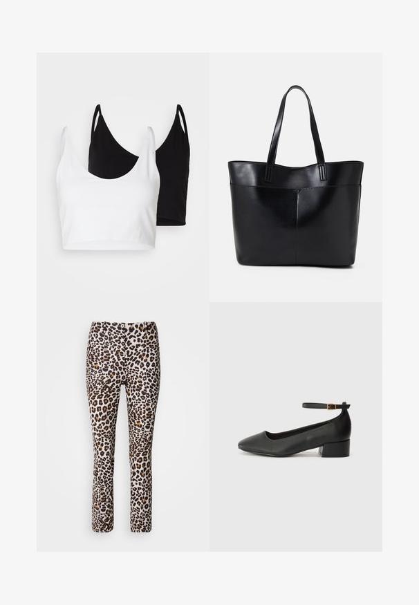 Two cotton crop tops in white and black. Each has a deep neckline and thin shoulder straps, featuring a smooth, soft texture.; Leopard print pants in a blend of beige, brown, and black with a fitted design and flared hem, featuring a front button closure.; Black leather pump with a pointed toe and a low block heel. Features an ankle strap with a gold-tone buckle. Smooth texture.; Black leather tote bag with two long handles, a smooth texture, and a structured shape. Features a front pocket for additional storage.