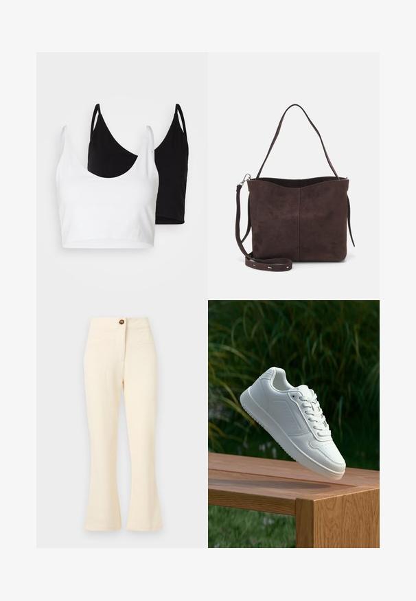 Two cotton crop tops in white and black. Each has a deep neckline and thin shoulder straps, featuring a smooth, soft texture.; Cream-colored flared pants with a textured fabric, front pockets, and a single brown button at the waistband.; White sneaker with a smooth synthetic upper, perforated toe box, flat laces, and a textured sole, displayed on a wooden surface.; Brown suede tote bag with a soft texture, featuring a single shoulder strap and a subtle curved top opening. No visible hardware details.
