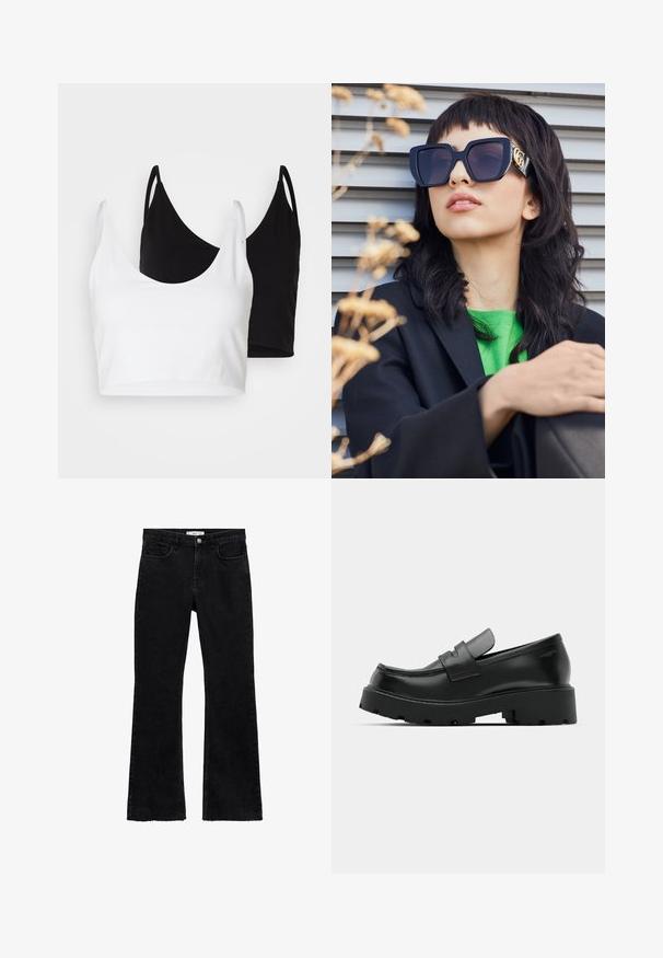 Kaksi puuvillapaitaa valkoisena ja mustana. Kummassakin on syvä kaula-aukko ja ohuet olkaimet, ja ne ovat sileitä sekä pehmeitä.; Mustat farkut, joissa on leveät lahkeet ja keski-korkealla vyötäröllä, kahdella etutaskulla ja raidoilla hapsutuksen yksityiskohdalla nilkoissa. Takapuoli on yksinkertainen ilman koristeita.; Mustat nahka loaferit, joissa on paksu, teksturoitu pohja, vampin yli kulkeva raita ja sileä, kiillotettu viimeistely.; Yli suuri musta aurinkolasit paksulla kehällä ja kultaisella korostuksella, käytetty mustan bleiserin ja kirkkaan vihreän paidan kanssa vaakasuoraa taustaa vasten.; Harmaa teksturoitu käsilaukku, jossa on pehmustettu kahva, verkko-yksityiskohtia, säädettävä hihna ja etukiinnitys. Kompakti muotoilu, jossa on pyöristetty muoto.